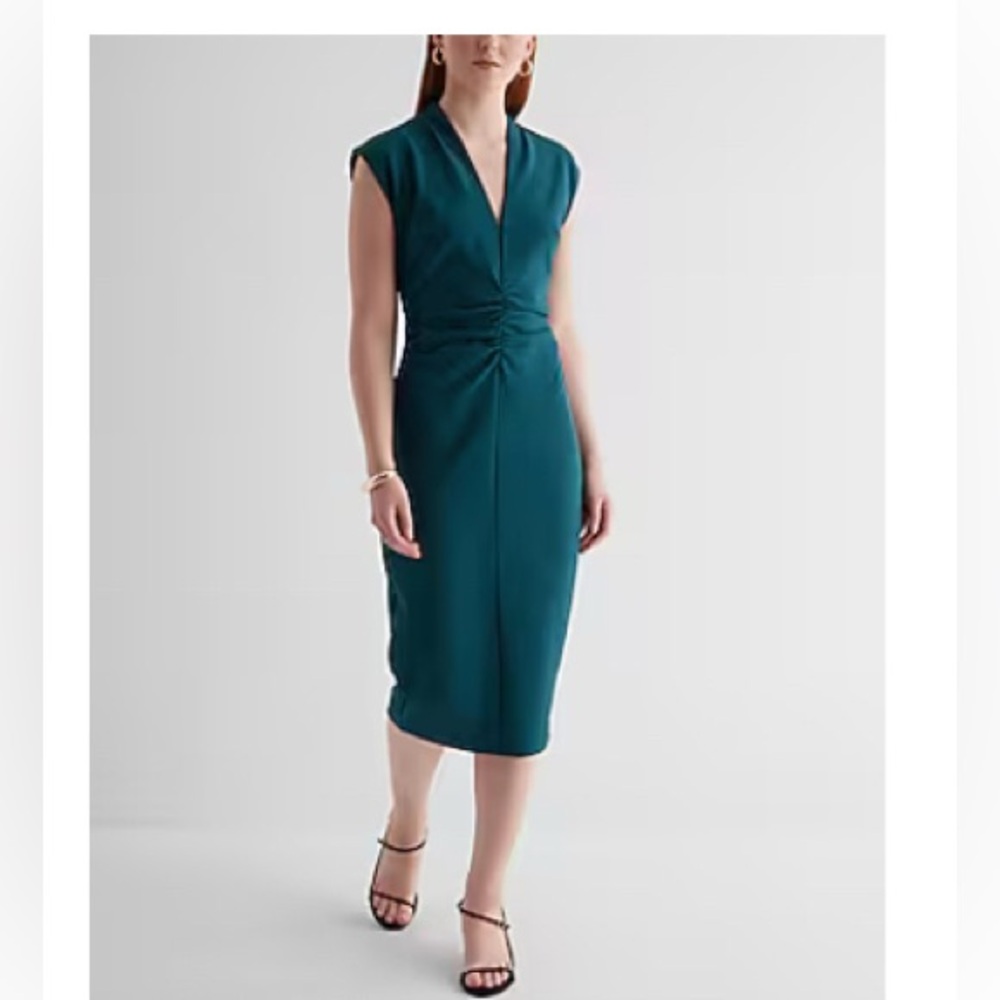 NWT V-Neck Sleeveless Ruched Midi Sheath Dress In Deep Teal